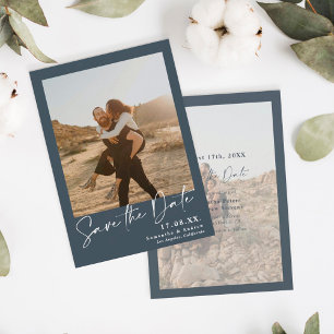 Elegante Kalligraphie Blau 2 Fotos Save the Date