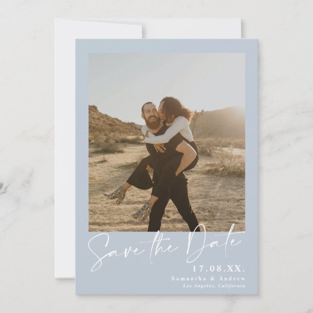 Elegante Kalligraphie Blau 2 Fotos Save the Date (Vorderseite)