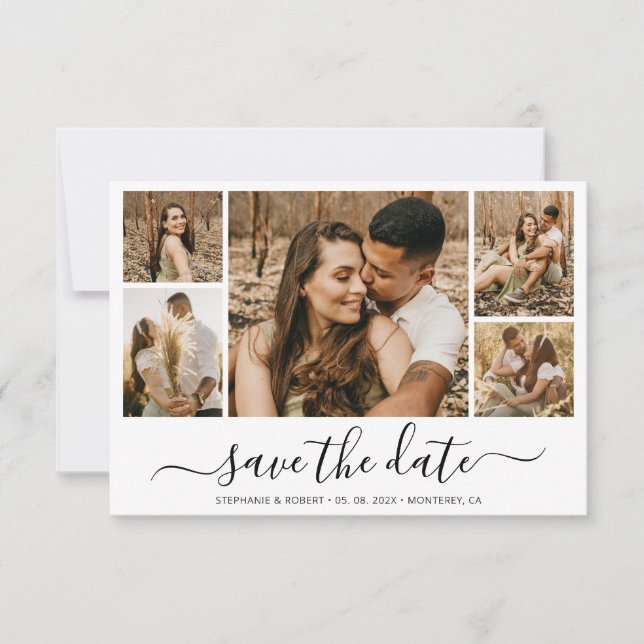 Elegante Kalligraphie FotoCollage Save the Date (Vorderseite)