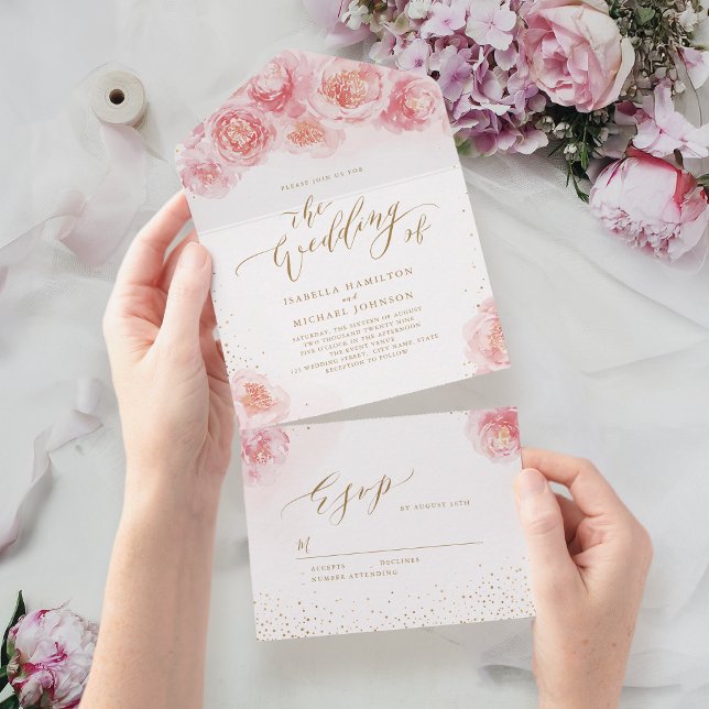 Elegante Kalligraphie, Gold und Blütenhochzeit All In One Einladung (Elegant calligraphy gold & blush floral wedding all in one invitation)