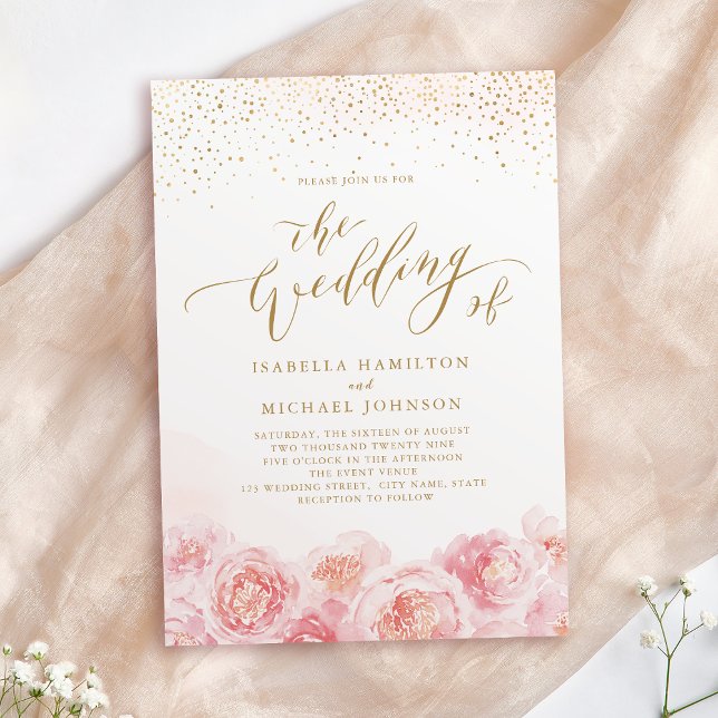 Elegante Kalligraphie, Gold und Blütenhochzeit Einladung (Elegant calligraphy gold & blush floral wedding invitation)