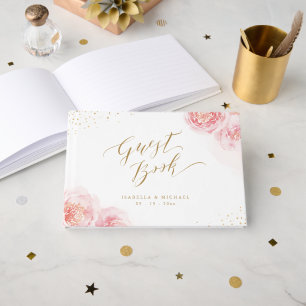Elegante Kalligraphie, Gold und Blütenhochzeit Gästebuch