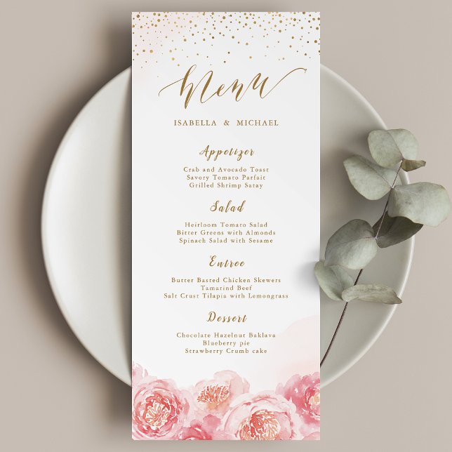 Elegante Kalligraphie, Gold und Blütenhochzeit Menükarte (Elegant calligraphy gold & blush floral wedding menu)