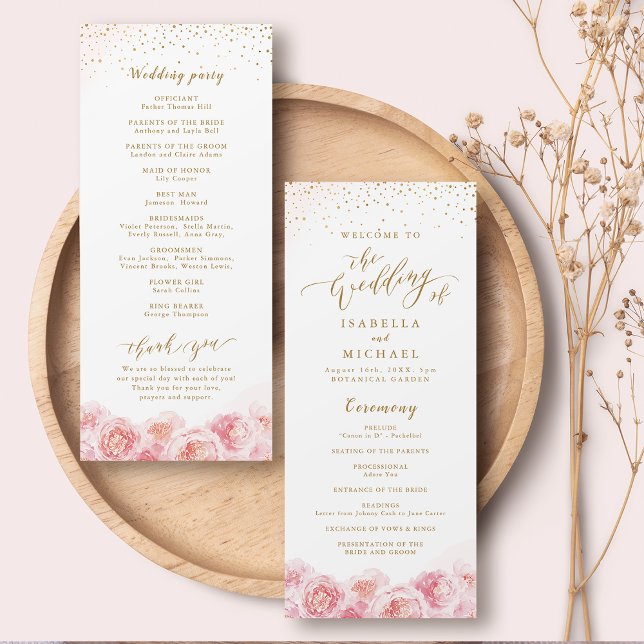 Elegante Kalligraphie, Gold und Blütenhochzeit Programm (Elegant calligraphy gold & blush floral wedding program)