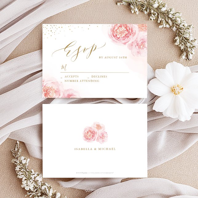 Elegante Kalligraphie, Gold und Blütenhochzeit RSVP Karte (Elegant calligraphy gold & blush floral wedding RSVP card)