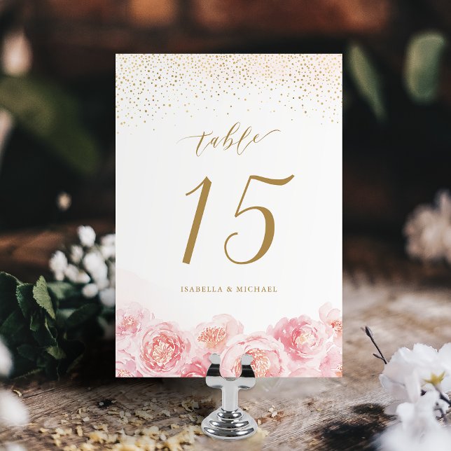 Elegante Kalligraphie, Gold und Blütenhochzeit Tischnummer (Elegant calligraphy gold & blush floral wedding table number)