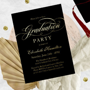 Elegante Kalligraphie Grad Party Black and Gold Folieneinladung