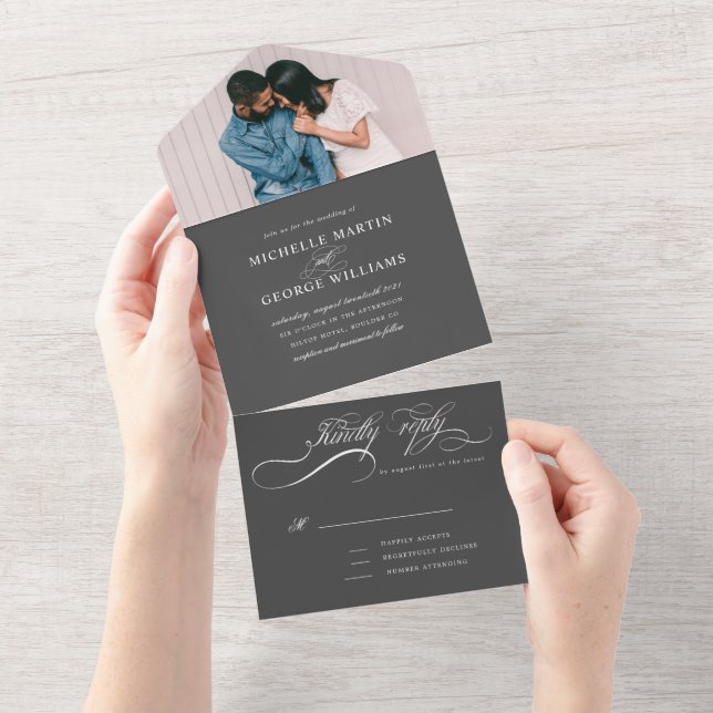 elegante Kalligraphie in Grau in einer Einladung (Abreißen)