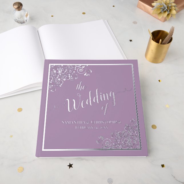 Elegante Kalligraphie Lavender & Silver Foil Weddi Gästebuch (Vorderseite Offen)