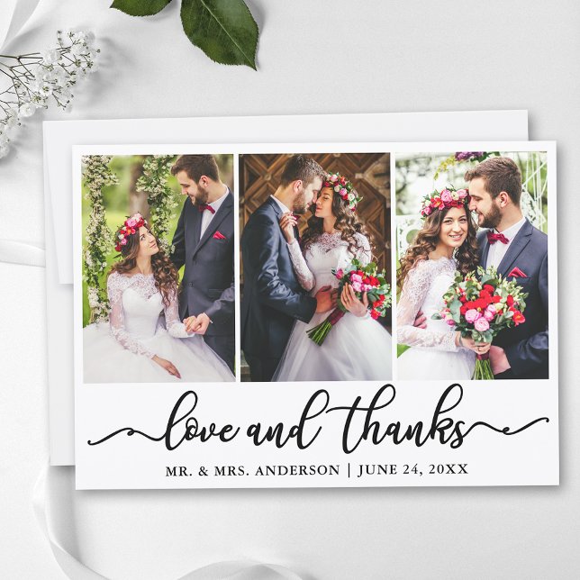 Elegante Kalligraphie Liebe Dank Wedding 3 Foto Dankeskarte (Customize to add text to back of card.)