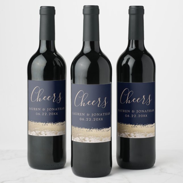 Elegante Kalligraphie, Marine, Gold Foil Wedding Weinetikett (Flaschen)