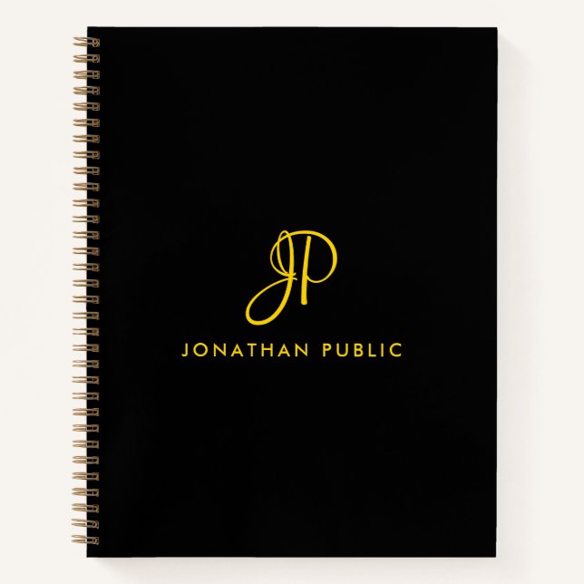 Elegante Kalligraphie Monogram Gold & Black Spiral Notizbuch (Vorderseite)