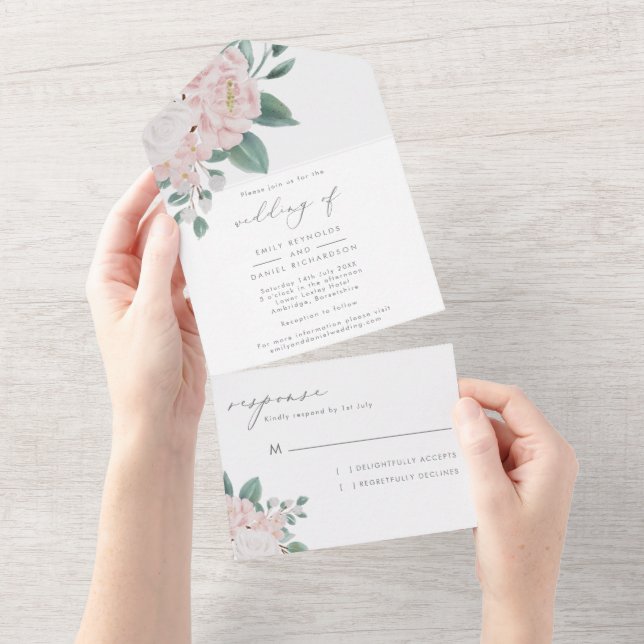 Elegante Kalligraphie Pink & White Blume Hochzeit All In One Einladung (Abreißen)