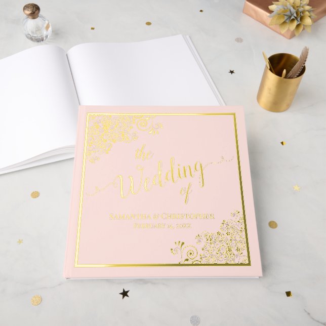Elegante Kalligraphie Rosa & Gold Hochzeit Gästebuch (Vorderseite Offen)