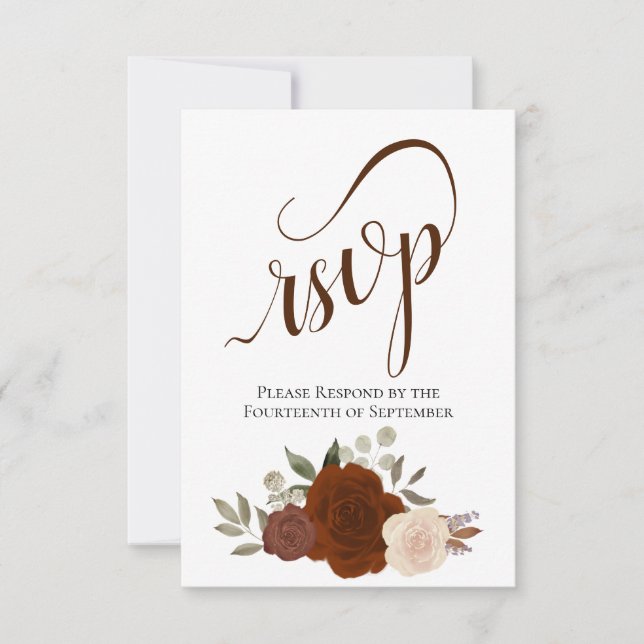 Elegante Kalligraphie & rostfarbene Orangen-Rose H RSVP Karte (Vorderseite)
