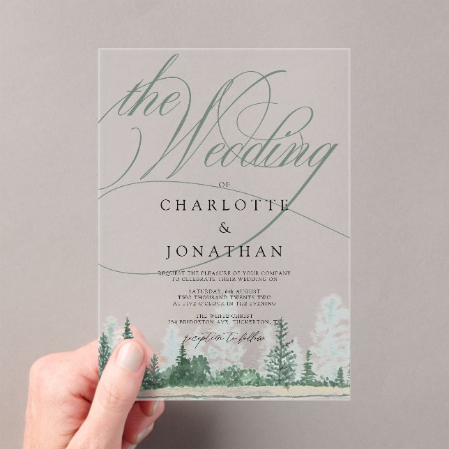 Elegante Kalligraphie Rustikale Waldhochzeit Acryleinladungen (Insitu (Handheld))