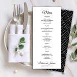 Elegante Kalligraphie, Schwarz-Weiß-Hochzeit Menükarte<br><div class="desc">Einfache elegante romantische Handschrift Kalligraphie Skript minimalistisch personalisierte Hochzeitsmenü Vorlage.             Einfach mit Ihren Daten personalisieren!</div>