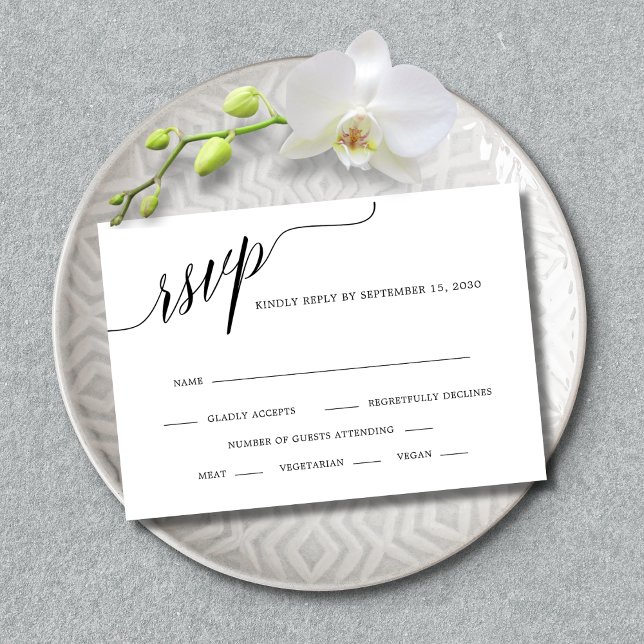 Elegante Kalligraphie Schwarz-Weiß-Hochzeit RSVP Karte (Wedding Invitation RSVP Enclosure Card - Elegant Splendor Calligraphy - White)