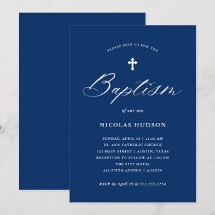 Elegante Kalligraphie und Kreuz   Blaue Taufe Einladung