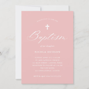 Elegante Kalligraphie und Kreuz Rosa Taufe Einladung