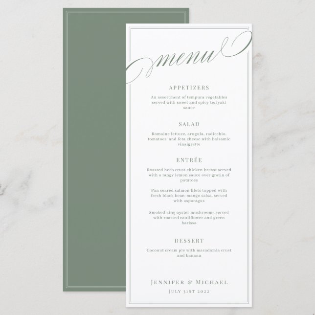 Elegante Kalligraphie White and Sage Classic Weddi Menükarte (Vorne/Hinten)
