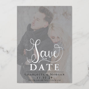 Elegante Kalligraphie Zwei Fotos Save the Date Foi Folieneinladung