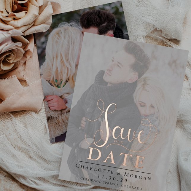 Elegante Kalligraphie Zwei Fotos Save the Date Folieneinladung (Von Creator hochgeladen)