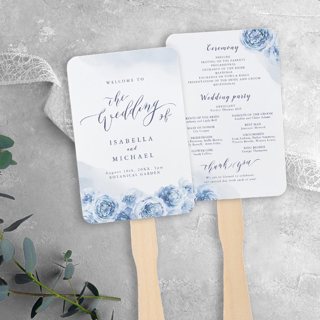 Elegante kalligraphische Hochzeit mit Blütenblumen Fächer (Elegant calligraphy blue watercolor floral wedding hand fan)
