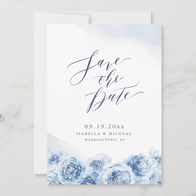 Elegante kalligraphische Hochzeit mit dustigem blü Save The Date (Vorderseite)