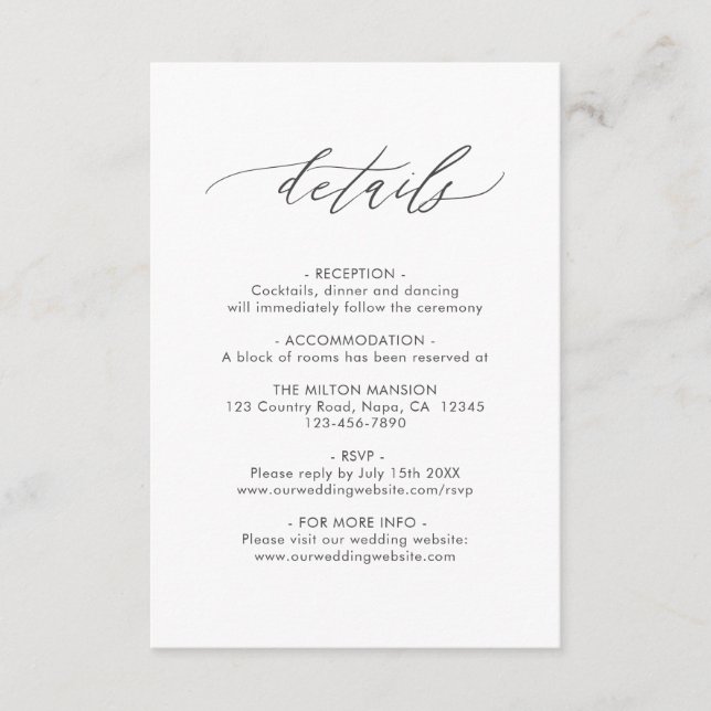 Elegante kalligraphische Hochzeitdetails mit QR-Co Begleitkarte (Vorderseite)