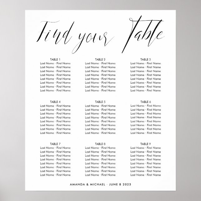 Elegante kalligraphische Hochzeitstabelle Poster (Vorne)