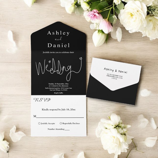 Elegante kalligraphische Schwarz-Weiß-Moderne Hoch All In One Einladung (Von Creator hochgeladen)