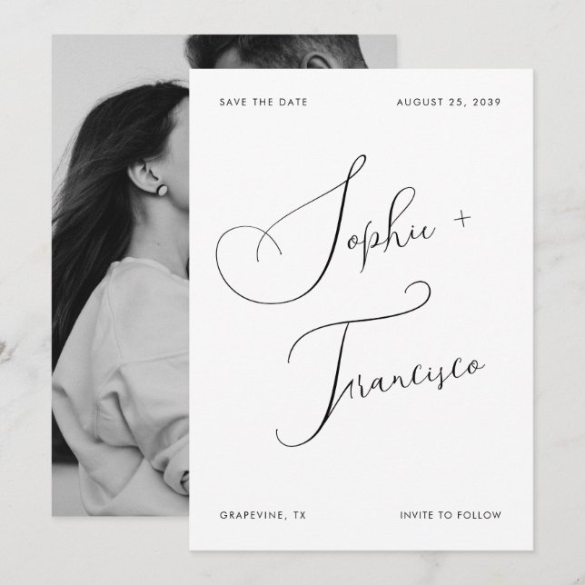 Elegante kalligraphische Skriptnamen Moderne Hochz Save The Date (Vorne/Hinten)