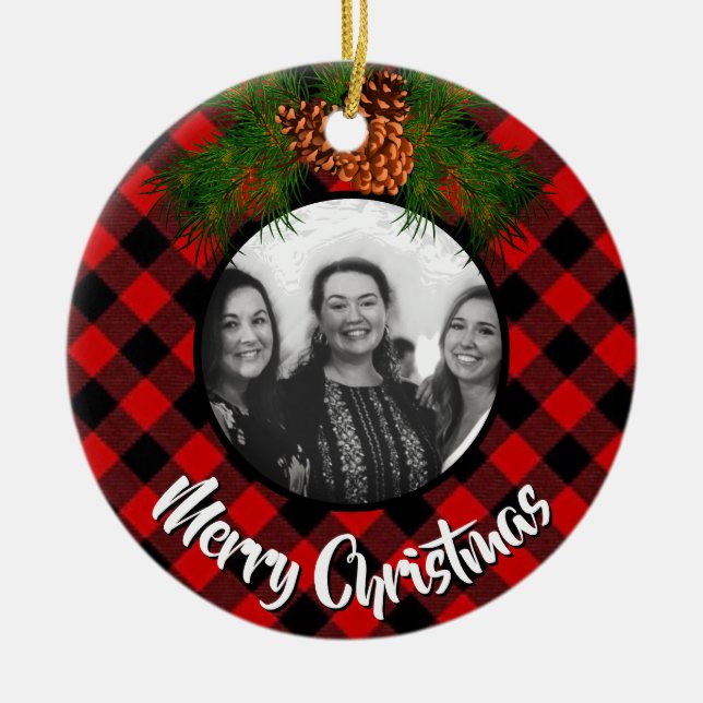 Elegante karierte Pineconfoto-Vorlage Keramik Ornament (Vorne)