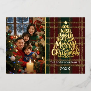 Elegante Karierte Weihnachtsfoto-Karte mit Goldene Folien Feiertagskarte