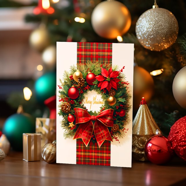 Elegante Karierte Weihnachtskreidekarte Karte (Elegant Christmas Wreath Tartan Holiday Greeting Card)