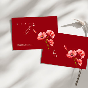 Elegante Karmesinrote Mohn-Wildblumen-Hochzeit Dan Dankeskarte