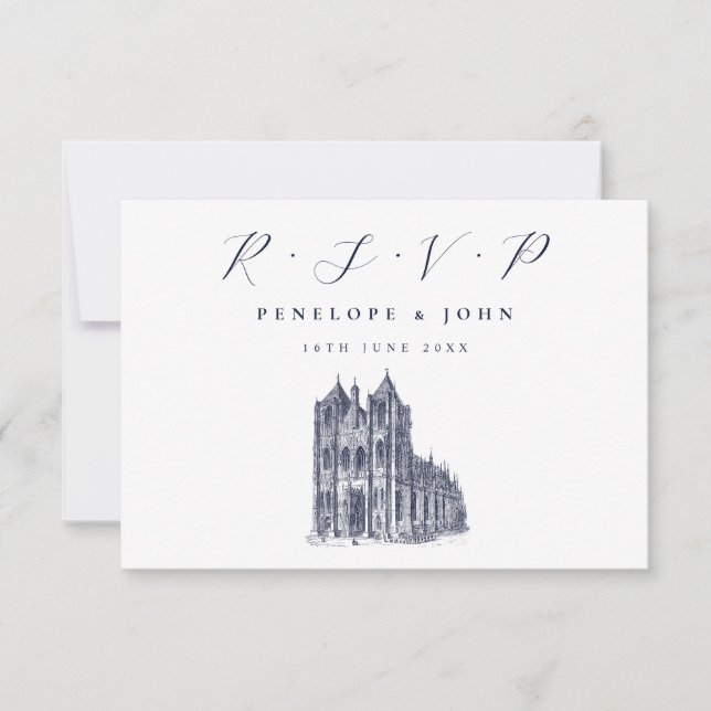 Elegante Kathedrale Illustration White Wedding RSVP Karte (Vorderseite)