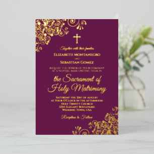 Elegante katholische Hochzeit Magenta Pflaume & Go Folieneinladung