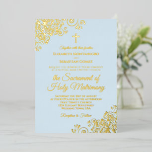 Elegante katholische Hochzeitspulver Blau & Gold Folieneinladung