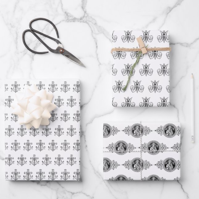 Elegante katholische Jungfrau Mary Black and White Geschenkpapier Set (Vorderseite)