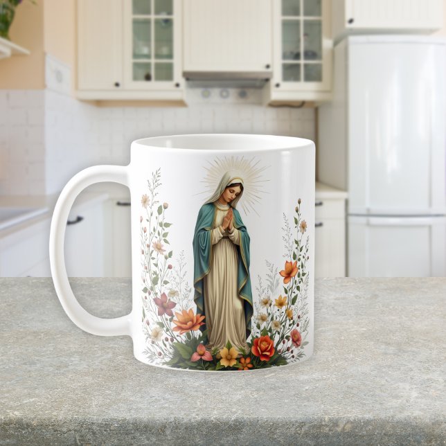 Elegante katholische Jungfrau Mary Prayer Kaffeetasse (Elegant Floral Catholic Virgin Mary Prayer Coffee Mug)