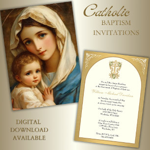 Elegante katholische Taufe Maria Jesus Gold Einladung
