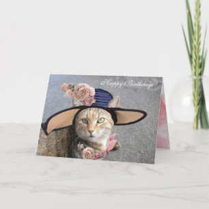 ELEGANTE KATZE MIT DIVA HAT, PINK ROSES Geburtstag Karte