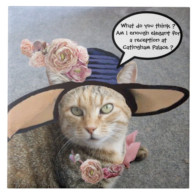 ELEGANTE KATZE MIT DIVA HAT, PINK ROSES Mutter Day Fliese (Vorderseite)