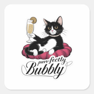 Elegante Katze mit französischem 75 Cocktail - Kla Quadratischer Aufkleber