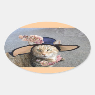 ELEGANTE KATZE MIT GROSSEM DIVA HAT,PINK ROSES OVALER AUFKLEBER