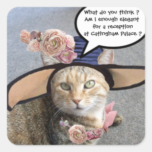 ELEGANTE KATZE MIT GROSSEM DIVA HAT,PINK ROSES QUADRATISCHER AUFKLEBER
