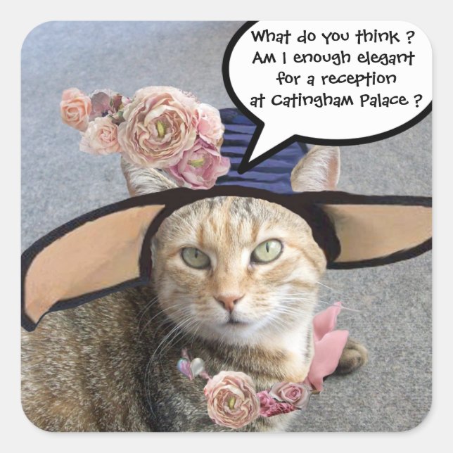 ELEGANTE KATZE MIT GROSSEM DIVA HAT,PINK ROSES QUADRATISCHER AUFKLEBER (Vorderseite)
