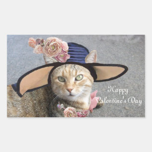 ELEGANTE KATZE MIT GROSSEM DIVA HAT,PINK ROSES RECHTECKIGER AUFKLEBER